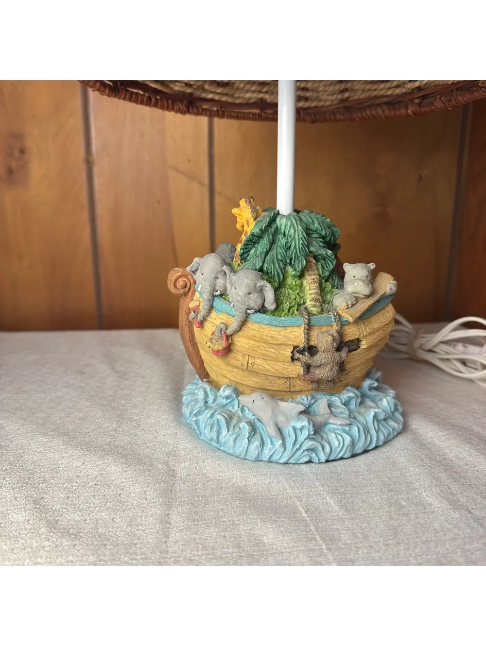 Vintage Noah’s Ark Animal Table Lamp With Woven Shade 14 Inch Nursery Decor